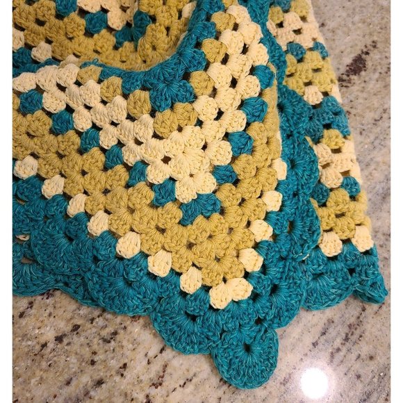 Vintage Hand Knit Crochet Granny About 44" Throw Blanket Afghan Teal Beige Green - Picture 4 of 9